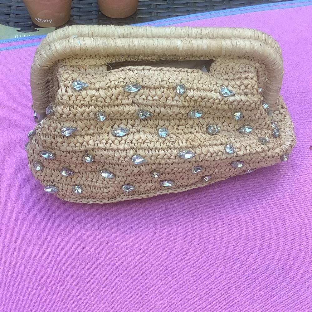 NWT Kelly and Katie Elegant Tan Woven Handbag with Silver Accents